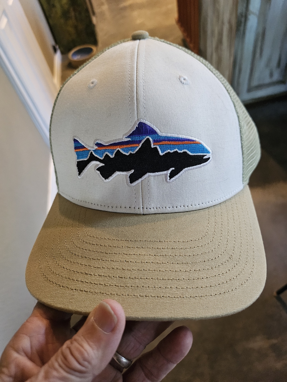 Patagonia Fitz Roy Beige and Cream Fish Embroidered Trucker Hat - Outdoor Style